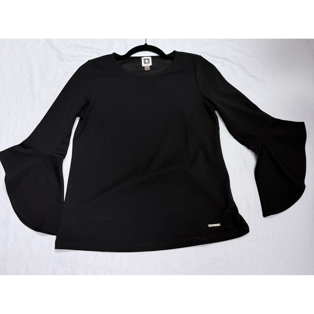 Anne Klein Black Bell Sleeve Blouse Crew Neck Stretch Top XS